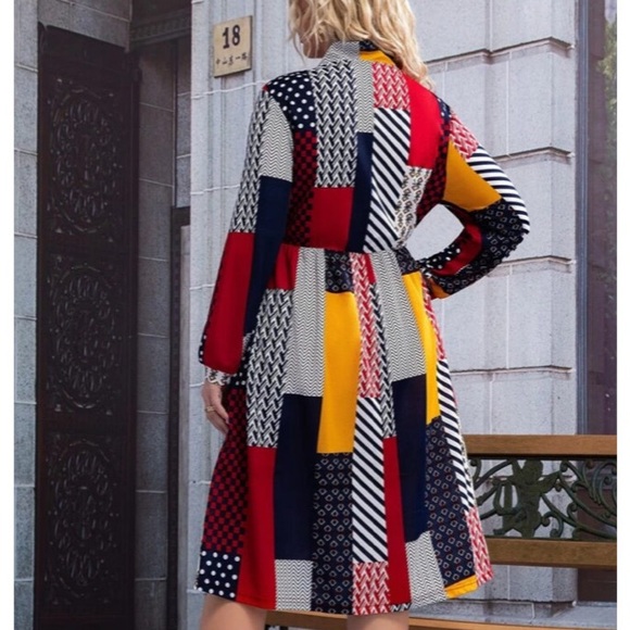 PATCHWORK VIVID  WITH STRETCH ALL DAY   LONG SLEEVE NECK TIE DRESS - Picture 4 of 13
